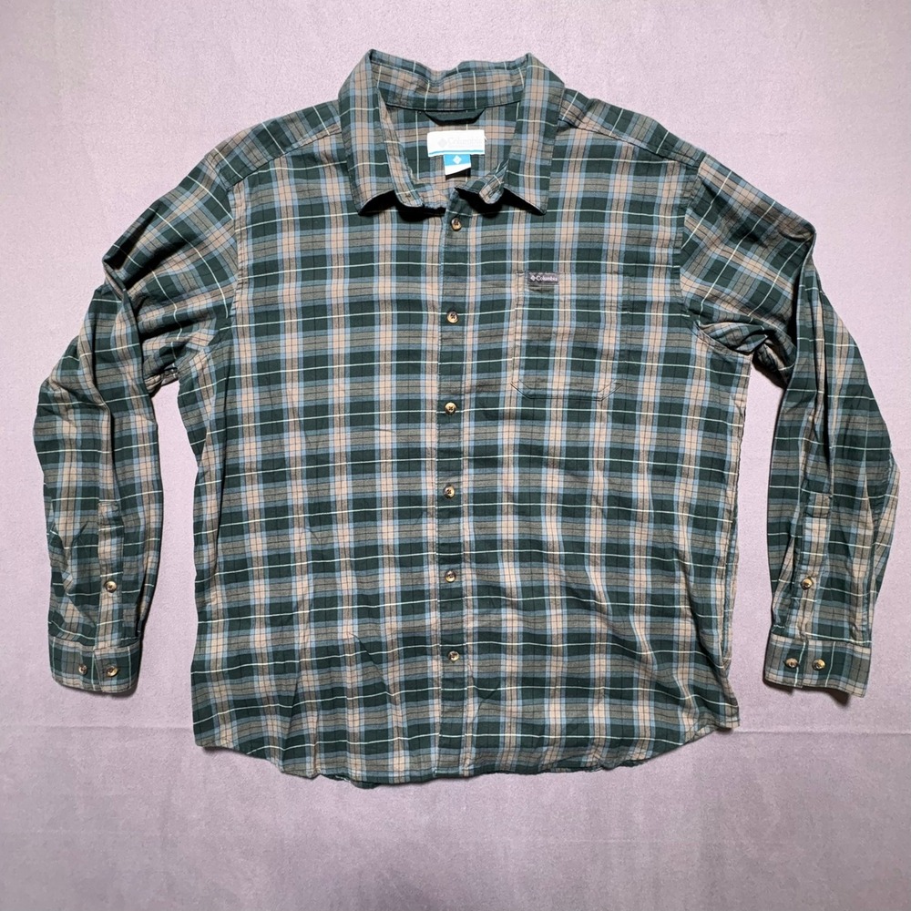 Columbia Mens XL Green Blue Plaid Long Sleeve Button Up Shirt AM8053 Stretch